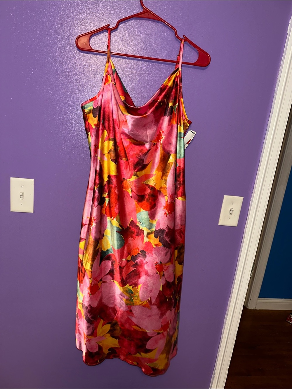 bebe Floral Satin Slip Dress in Pink, Red & Yellow